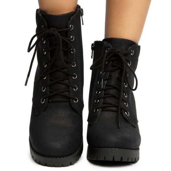 New Black Lace-Up Combat Ankle Booties Boots Block Heel Lug Platform Knit Collar - Picture 5 of 6